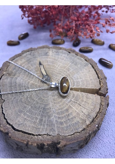 Kaplan Gözü Taşı Gümüş Kolye 925 Ayar Doğal Taş