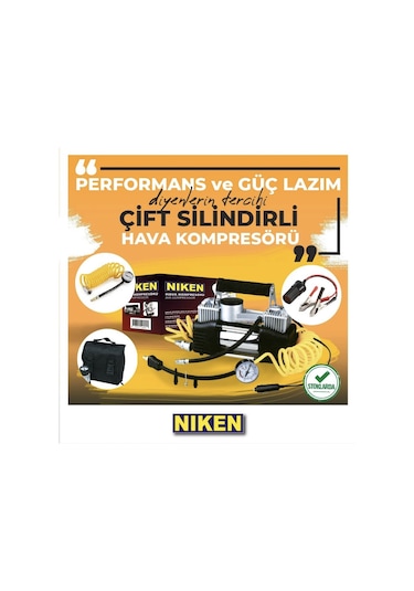 Niken Araç Oto Hava Kompresörü Metal Çift Silindir 12v 150 Psı Çantalı