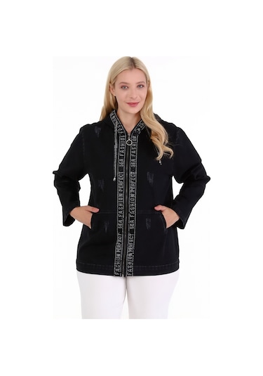 Kadın Kot Mont Büyük Beden Kapüşonlu Taş İşli Siyah