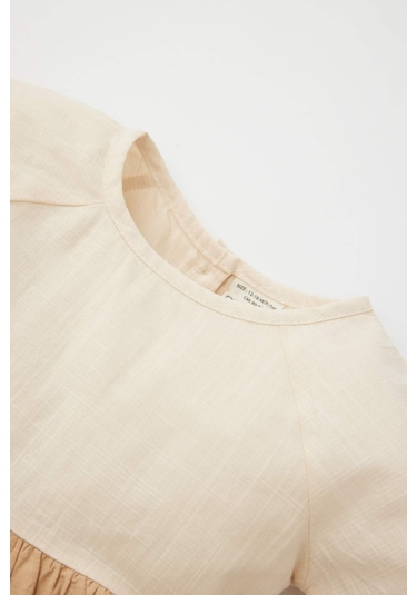 Defacto Kız Bebek Renk Bloklu Uzun Kollu Keten Görünümlü Elbise C0767A524SPBG65 Bej