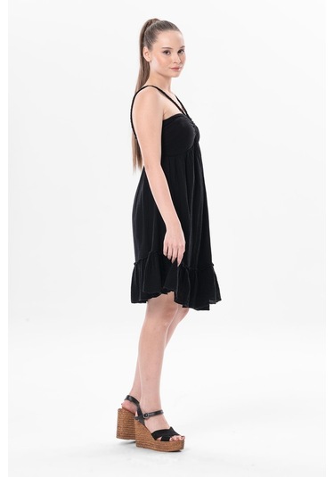 Alanya Boyundan Bağlamalı Kısa Yazlık Müslin Elbise Siyah Syh-siyah Siyah