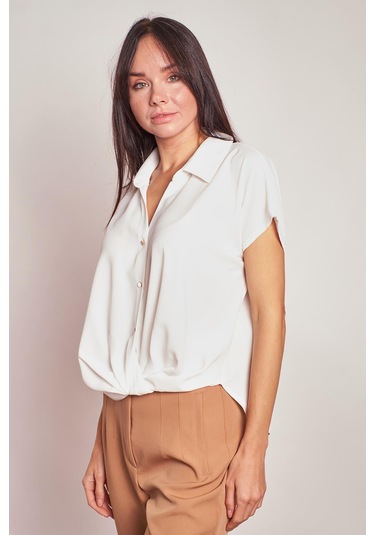 Likrasız Şık Kumaş Yakalı Düşük Omuzlu Önü Pileli Gömlek-krem Krem