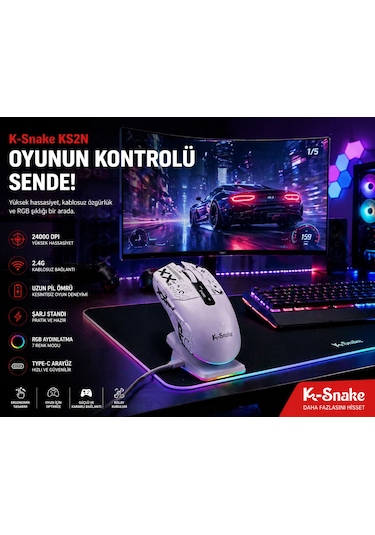 Rgb Gaming Mouse 24000 Dpı Kablosuz 2.4g Bluetooth Type-c Şarjlı Oyuncu Mouse Ms-ks2nb