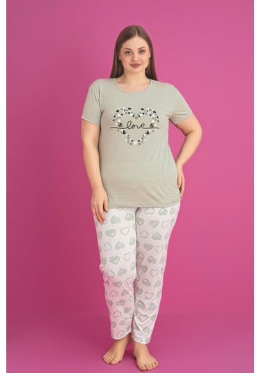 X-dreamy Büyük Beden Pamuklu Kalp Desenli Kısa Kollu Pijama Takımı Yeşil