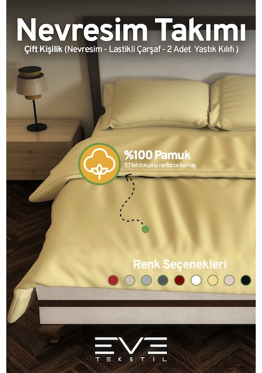 Eve Tekstil %100 Pamuk Ranforce Çarşaflı Yastık Ve Yorgan Kılıflı Çift Kişilik Nevresim Takımı 200x220 Cm Sarı