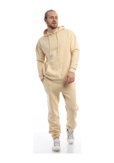 Erkek Kapüşonlu Kanguru Cepli Sweatshirt Krem