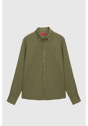 Ds Damat Slim Fit Haki Oxford Düğmeli Yaka Kolay Ütülenebilir Nakış Detaylı Pamuklu Gömlek 4HC02ORT03265 Haki