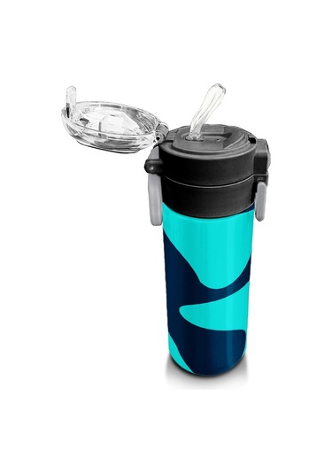 Coral High Kids Lacivert Turkuaz Desenli Pipetli Ve Direkt İçim Çelik Termos 500 Ml 31886 Turkuaz