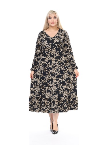 Kadın Büyük Beden Yumuşak Dokulu V Yaka Siyah Vizon Dal Desenli Elbise Siyah - Vizon Dal Desen