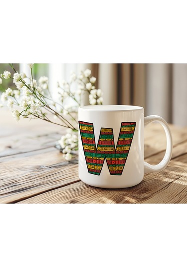 W Harfi Etnik Desenli Kupa - Afrika Tarzı Kahve Çay Kupası - Hediyelik - Black History Beyaz