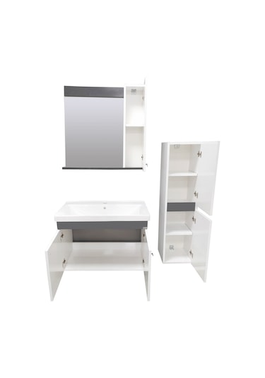 Karen Banyo New Bahar 80 Cm Banyo Dolabı Boy Dolap Hediyeli Antrasit - Beyaz