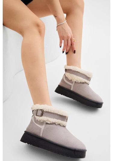 Kalın Poli Taban Kürk Detaylı Süet Görünümlü Kadın Gri Günlük Bot Tbldy540 Gri