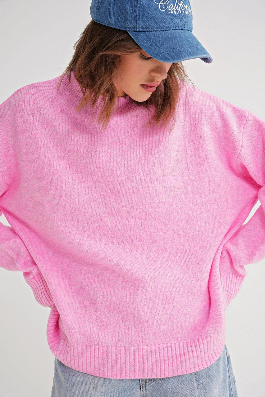 Mixray 6913 Kadın Salaş Yumuşak Dokulu Oversize Triko Kazak Pembe