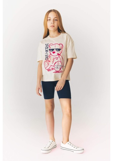 DeFacto Kız Çocuk Relax Fit Baskılı Bisiklet Yaka Kısa Kollu Tişört E0389A825SMER134 Ekru