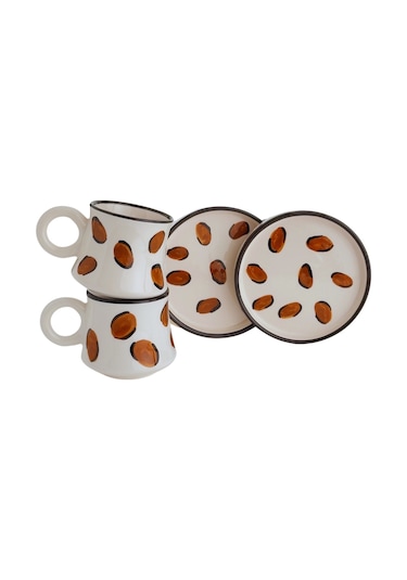 2 Li Takım Leopar Desenli El Yapımı Kazan Seramik Kahve Fincanı, Kahve Fincanı Beyaz