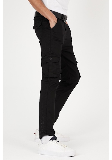 Siyah Renk Körüklü Paçası Lastiksiz Kargo Pantolon Siyah