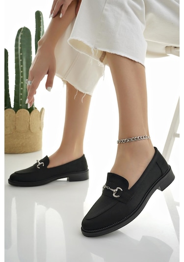 Muggo Sussie Garantili Metal Tokalı Kadın Loafer Günlük Ayakkabı SIYAH SUET