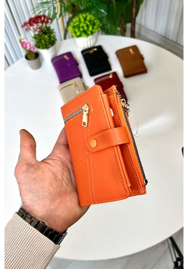 Turuncu Fermuar Detaylı Deri Kadın Cüzdan Yılbaşı Hediyesi 14x9cm Turuncu