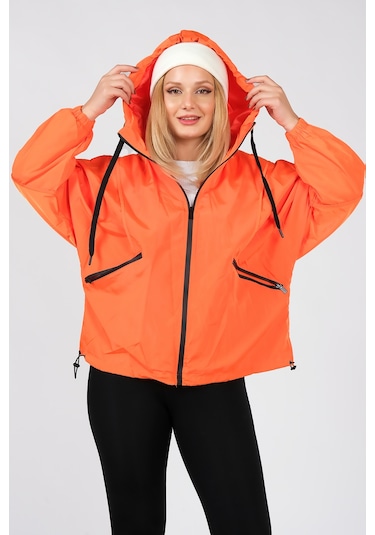 Giyim Dümnyası Kadın Paraşüt Kumaş Kapüşonlu Yağmuluk Turuncu 001