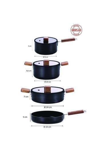 Neoflam Bien Black 7 Parça Indüksiyonlu Tencere Tava Seti, Akasya Ağacı Sap Ve Kulplu