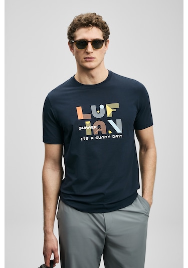 Lufian Sunny Modern Grafik Tişört Lacivert Lacivert 111020291100200