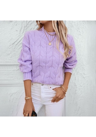 Tongxida Kadın Büyük Beden Yarım Yüksek Yaka Bükülmüş Örgü Kazak - Sonbahar/kış - Bol Bükülmüş Çiçekli Kazak - Mor Mor