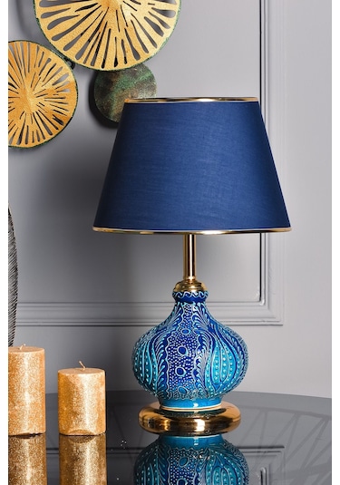 Patara Masa Lambası Abajur Mavi Çinili Gold Mavi
