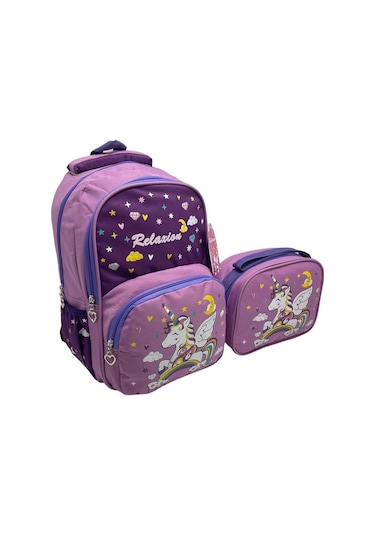 Relaxion Lila Unicorn İlkokul Çantası Beslenme Çantalı 1340-14