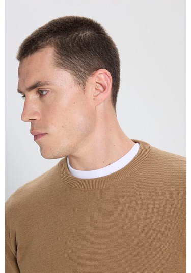 Regular Fit Normal Kesim Bisiklet Yaka Bej Triko Kazak W242724614 Bej