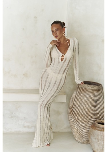 Anandra Boncuk Detay Bej Triko Uzun Elbise Bej