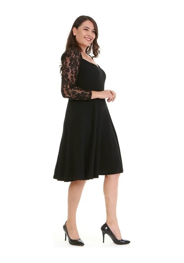 Kare Yaka Kolları Dantelli Elbise-1480 Siyah