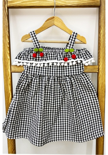 Kız Çocuk Askılı Elbise Dantelli Ekose Desenli B14 Siyah