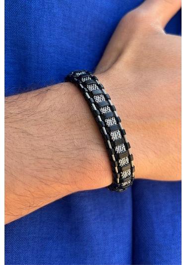 Şık Damalı Desen El İşçiliği İle Üretilmiş Hakiki Deri Erkek Bileklik Siyah - Beyaz