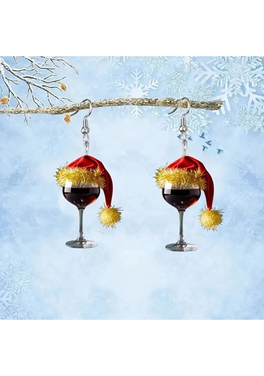 Yunboo Noel Şapka Ve Şarap Bardağı Figürlü Akrilik Küpe Altın Kenar - Hafif, Festivite Vurgulu, Özel Tasarım Gold