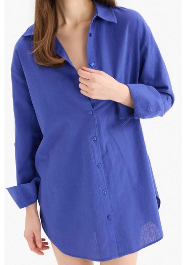 DeFacto Regular Fit Pamuklu Plaj Gömleği-Fall in Love W8241AZ25SMBE114 Mavi