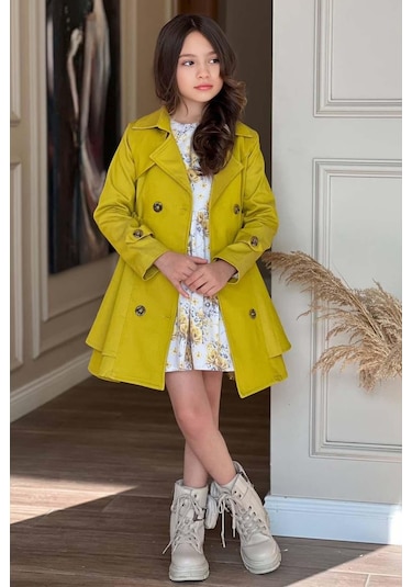 Riccotarz Kız Çocuk Çiçek Desenli Piliseli Sarı Trençkotlu Elbise 001