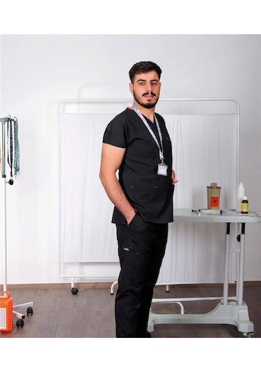 Likralı Cerrahi Forma Unisex Hemşire Doktor Sağlıkçı Forması Scrubs Üniforma Siyah