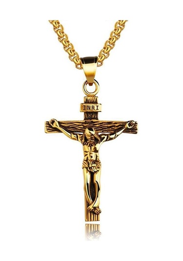 Koyu Kahverengi Erkek Gümüş Paslanmaz Çelik İsa Mesih Haç Çapraz Kolye Kolye Zinciri