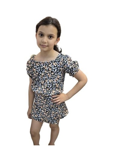 Çiçekli Şort Etekli Kız Çocuk Takım St07572 Siyah