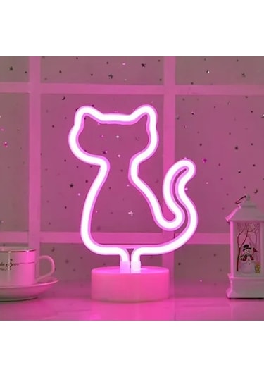Neon Kedi Masa Gece Lambası Pembe Işık