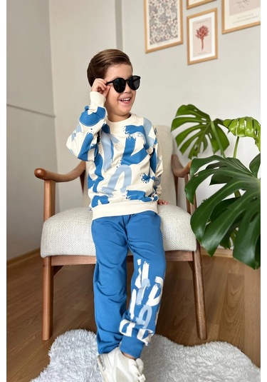 Harf Desenli Mavi Renk Erkek Çocuk Eşofman Takım Mavi