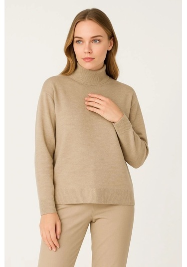 Yarım Boğaz Triko Kazak Yumuşak Dokulu Pamuklu Ince Dokuma, Uzun Kollu Rahat Regular Kalıp - Bej Bej