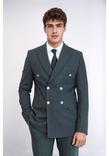 Gümüş Renk Metal Düğmeli Slim Fit Kruvaze Koyu Gri Erkek Takım Elbise Wessi Füme