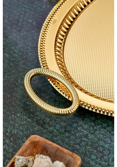 Cooker 2'li Özel Seri Oval Model Lüx Metal Çay Sunum, Nişan Tepsisi 37x28 Ve 44x33 Cm Altın