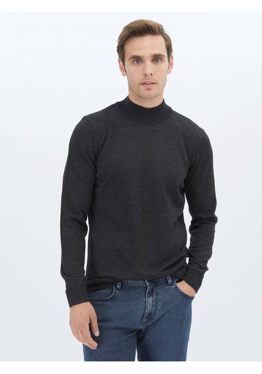 Kip Antrasit Yarım Balıkçı Yaka Düz Örgü Yün Karışımlı Triko Çok Renkli