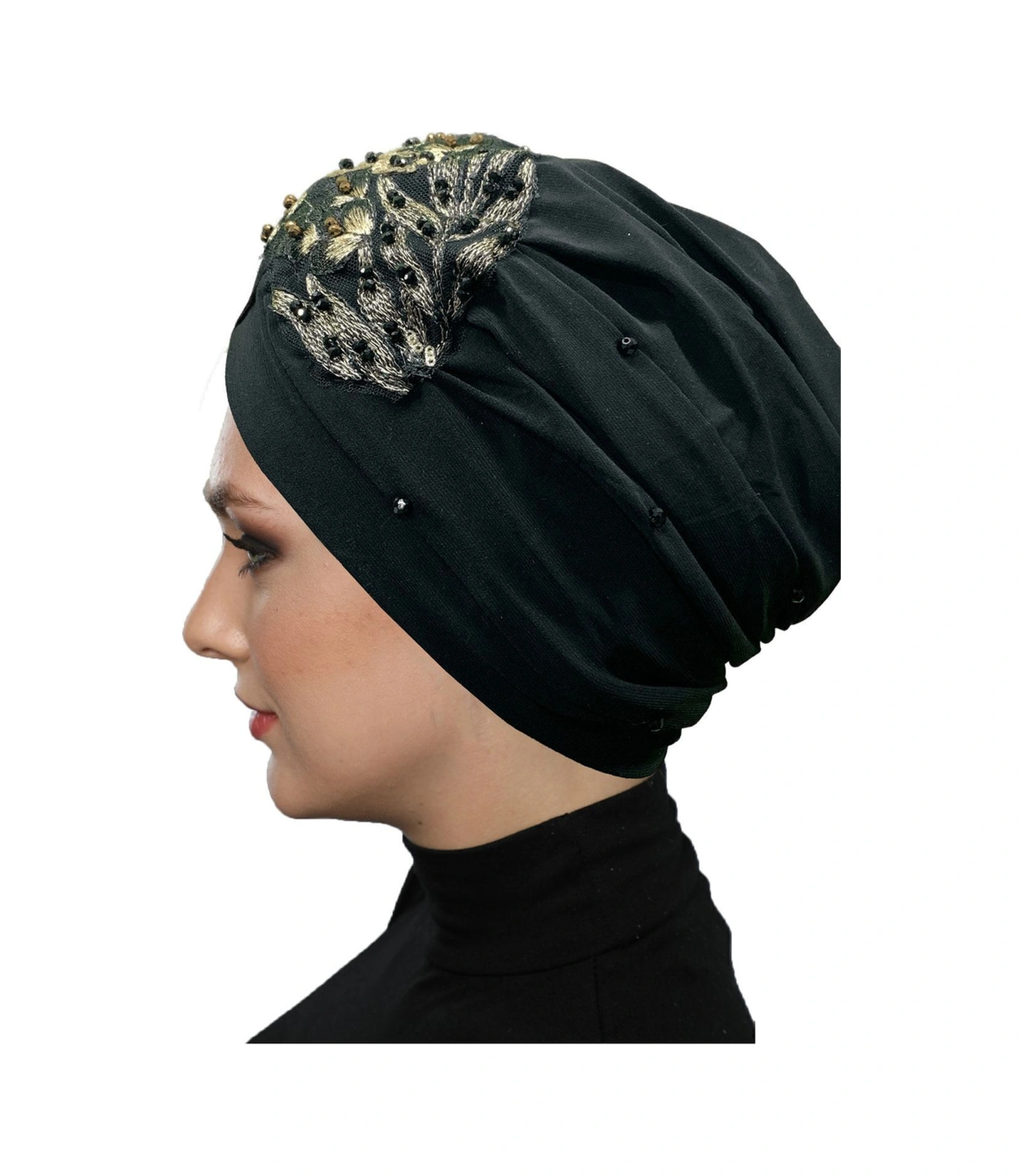 Kopma Astarlı Işlemeli Siyah Sırma Motifli Hazır Türban Tesettür Abiye Bone Siyah Sırma