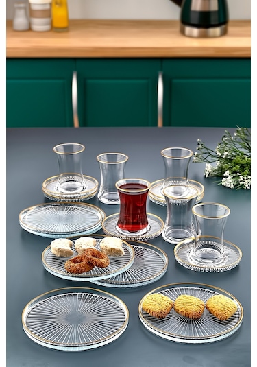 18 Parça Gold Yaldızlı Çay Takımı Seti - Pasta Tabağı, Çay Bardağı, Çay Tabağı Şeffaf