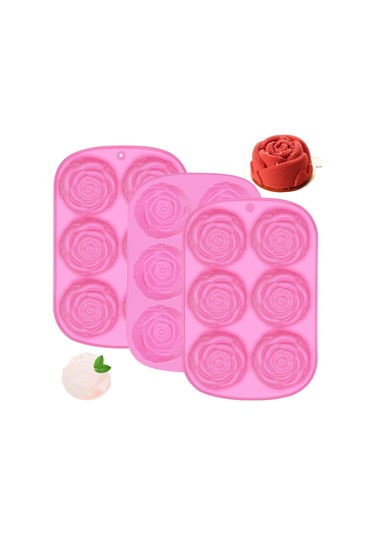 Ranyeek Gıda Kalitesi Gül Şekilli Silikon Kalıp Seti 3 Adet - Fırın/mikrodalga/soğutucu Uyumlu, Kolay Çıkarım, Pasta/bisküvi/buz Küpü/çikolata Yapımı Pembe