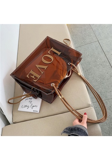 Moda Kadın Şeffaf Pvc Omuz Çantaları Jöle Şeker Rengi Büyük Kapasiteli El Çantası Tote Kahverengi