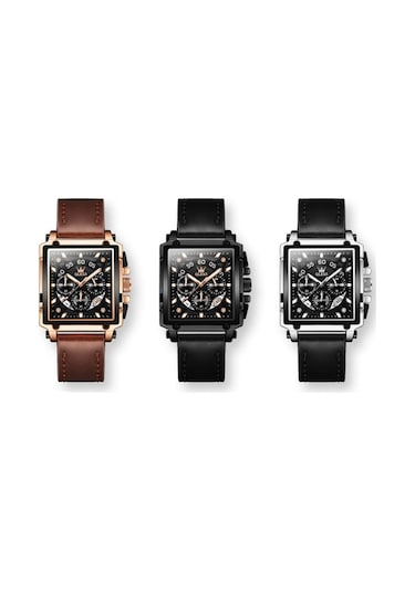 Olevs 9919 Erkekler İçin Kare Kadranlı Kronograf Aydınlık Kuvars Saat Kahverengi Deri Gül Kabuğu Siyah Yüzey